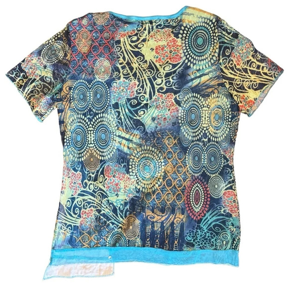 Quinze Heures Trente Top Size 3 Y2K Graphic Mixed Media Artsy Mesh Buttons Sheer - Picture 3 of 13